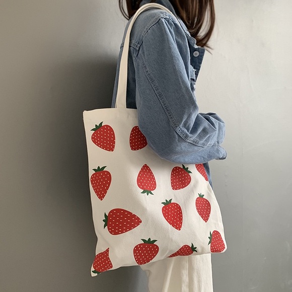 Strawberry Print Canvas Tote Bag with Zipper - Picture 1 of 5